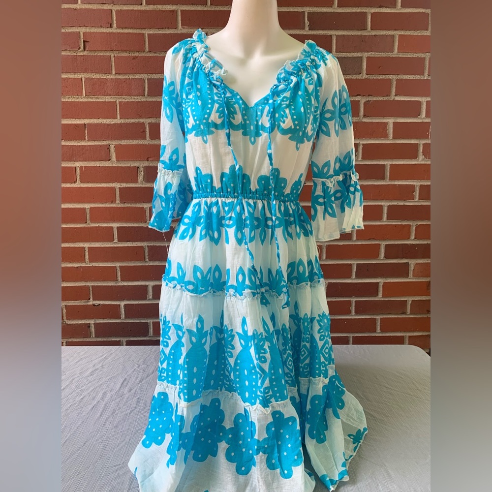 NWT Teal and white lightweight cotton boho beachy Yuvati dress with ruffles- S